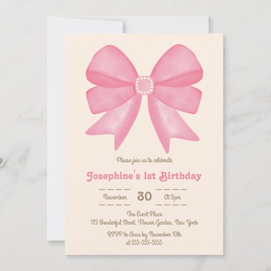 ピンクボウミニマルスウィートガール誕生日 招待状 (正面)