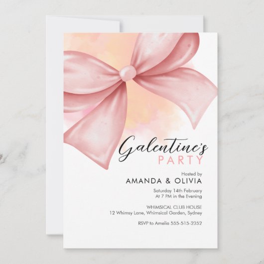 ピンクボウモダンガレンティーンズデイパーティの招待状 招待状 (正面)