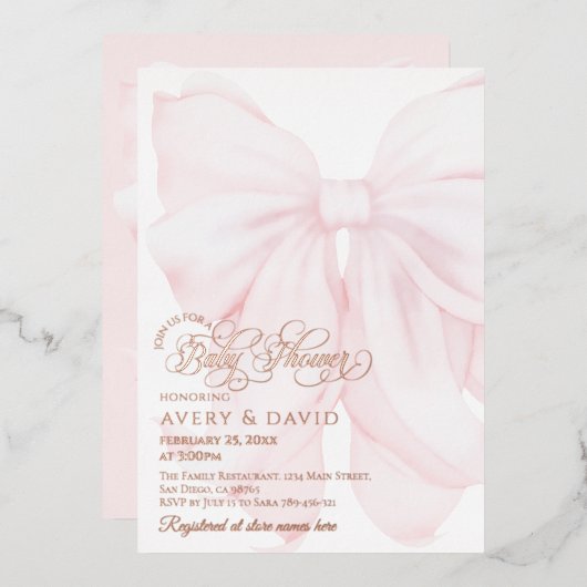 ピンクボウモダンガールエレガントベビーシャワー 箔招待状 (正面/裏面)