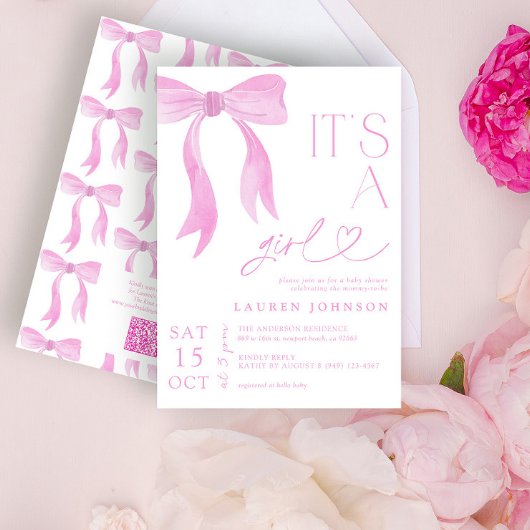 ピンクボウモダンガールQRコードベビーシャワー 招待状