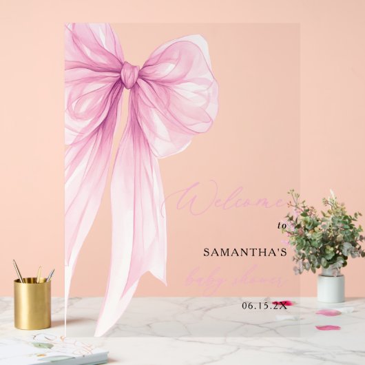 ピンクボウモダンベイビーシャワーへようこそ アクリルサイン (ウェディング)