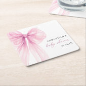 ピンクボウモダンベイビーシャワー スクエアペーパーコースター (アングル)