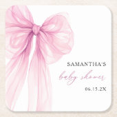 ピンクボウモダンベイビーシャワー スクエアペーパーコースター (正面)