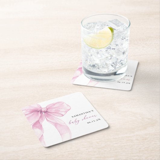 ピンクボウモダンベイビーシャワー スクエアペーパーコースター (インサイチュ)