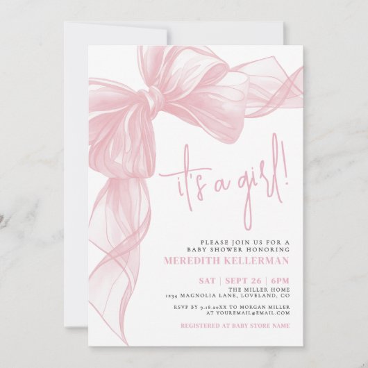 ピンクボウモダンベイビーシャワー 招待状 (正面)