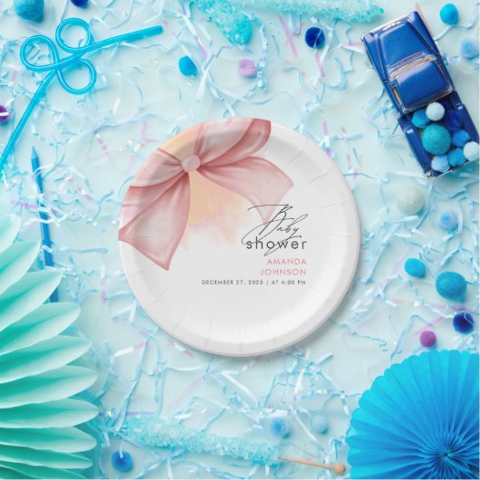 ピンクボウモダンベビエレガントーシャワー ペーパープレート (パーティー)