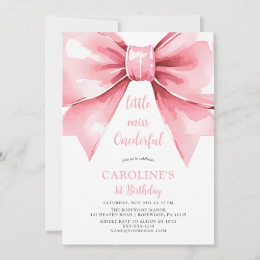 ピンクボウモダンベビーガールファースト誕生日 招待状 (正面)