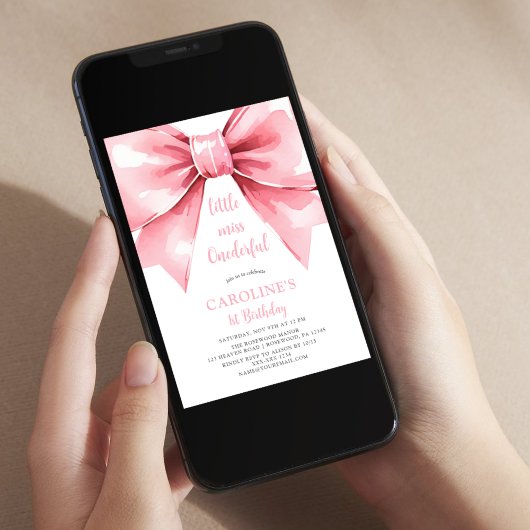 ピンクボウモダンベビーガールファースト誕生日 招待状