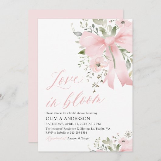 ピンクボウモダンラブイン開花フローラブライダルシャワー 招待状 (正面/裏面)