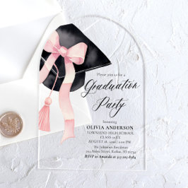 ピンクボウモダン卒業式キャップアーチ アクリル招待状