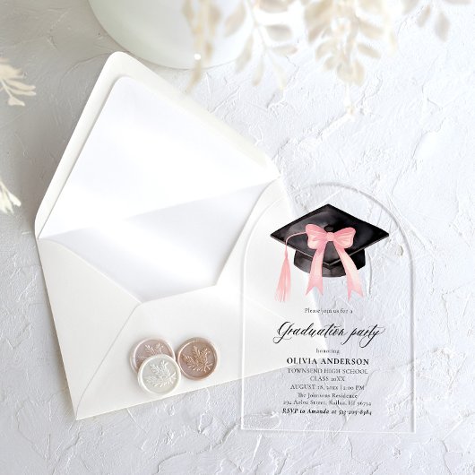 ピンクボウモダン卒業式キャップ卒業アーチ アクリル招待状