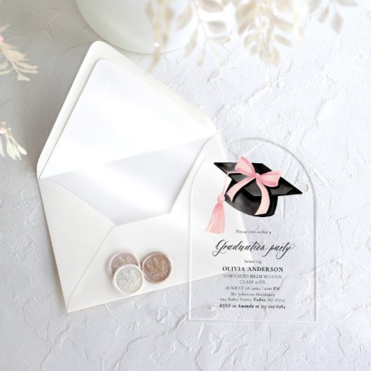 ピンクボウモダン卒業式キャップ卒業アーチ アクリル招待状