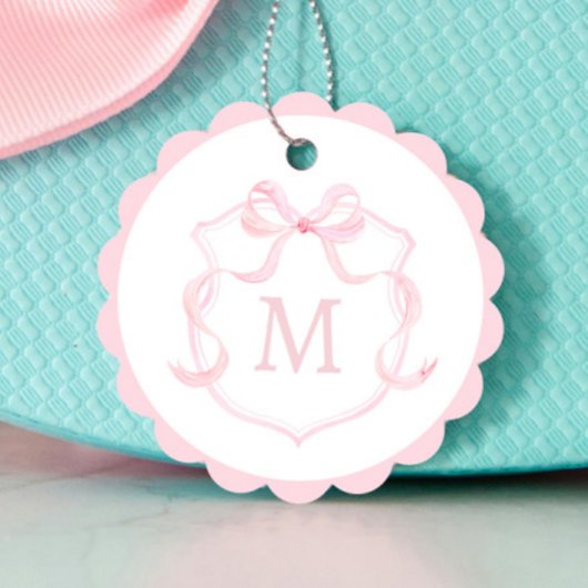 ピンクボウモノグラムクレストベビーシャワーメッセージカード フェイバータグ
