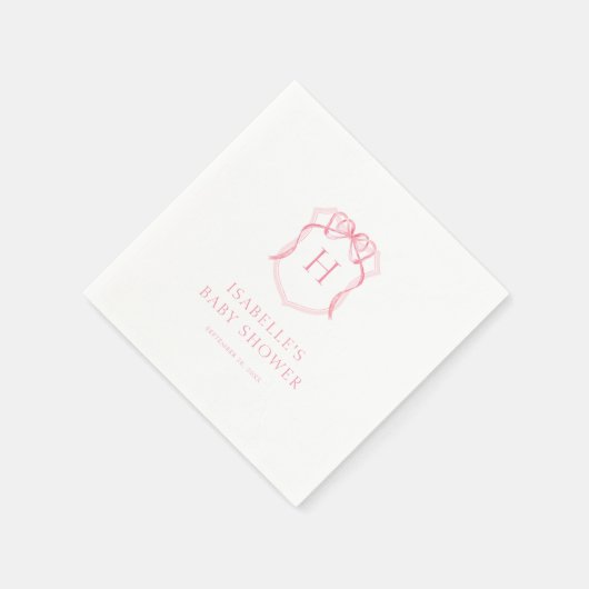 ピンクボウモノグラムクレストベビーシャワー スタンダードカクテルナプキン (角)