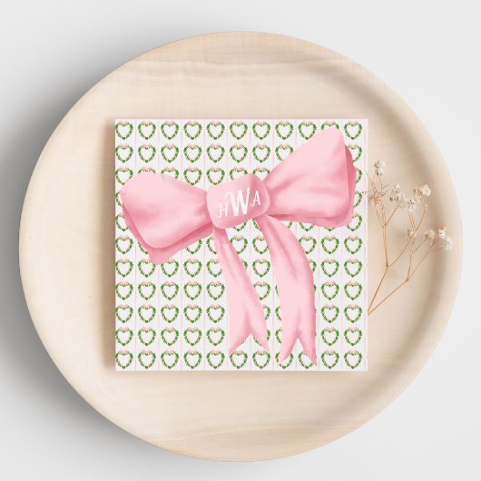 ピンクボウモノグラムハートリースナプキン スタンダードカクテルナプキン