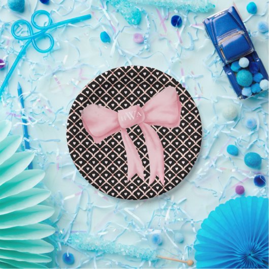 ピンクボウモノグラムハート ペーパープレート (パーティー)