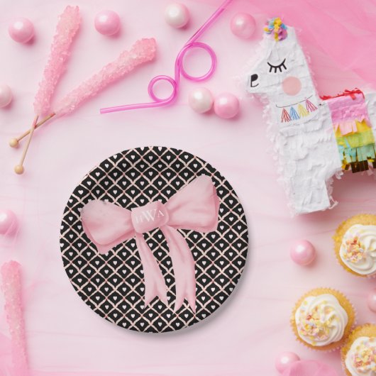 ピンクボウモノグラムハート ペーパープレート (パーティー)