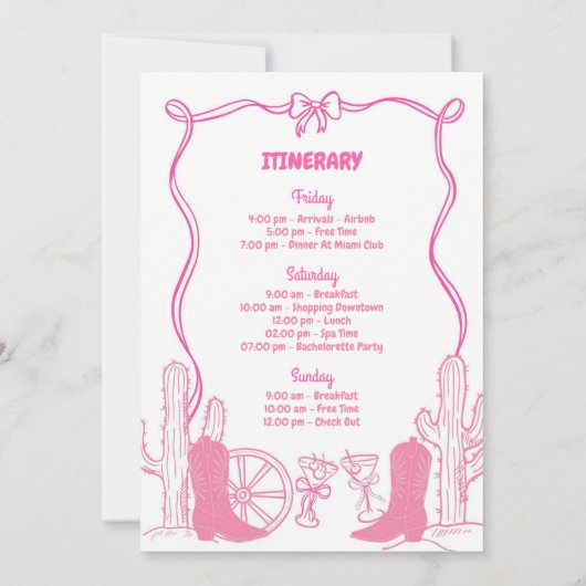 ピンクボウラストロデオ女性のカーボーイバチェロレッテ旅程 招待状 (裏面)