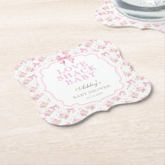 ピンクボウラブシャックガールベビーシャワー ペーパーコースター (アングル)