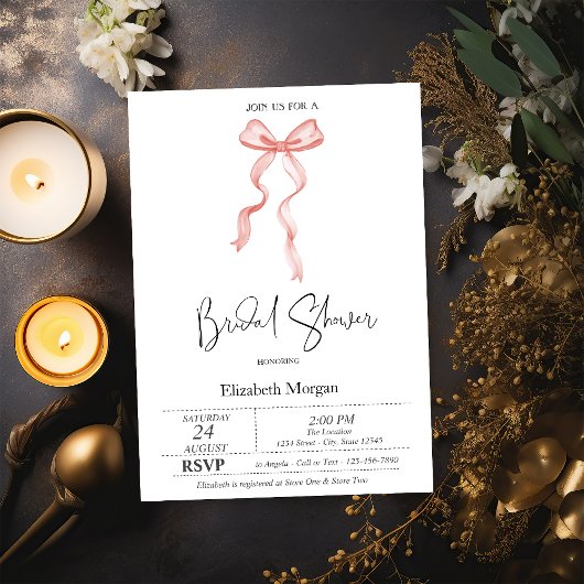 ピンクボウリボンドットブライダルシャワー 招待状