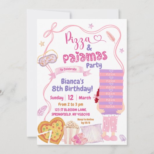 ピンクボウレッドヘアガールピザアンドパジャマ誕生日 招待状 (正面)