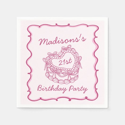 ピンクボウレトロハートコケットケーキ誕生日 スタンダードカクテルナプキン (正面)