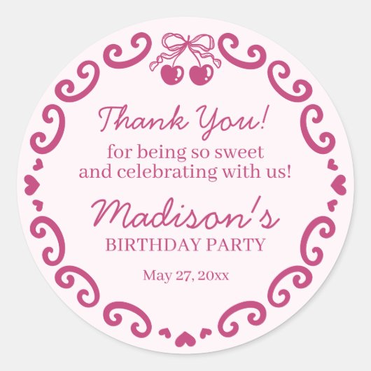 ピンクボウレトロハートコケットケーキ誕生日 ラウンドシール (正面)