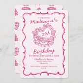 ピンクボウレトロハートコケットケーキ21歳の誕生日 招待状 (正面/裏面)