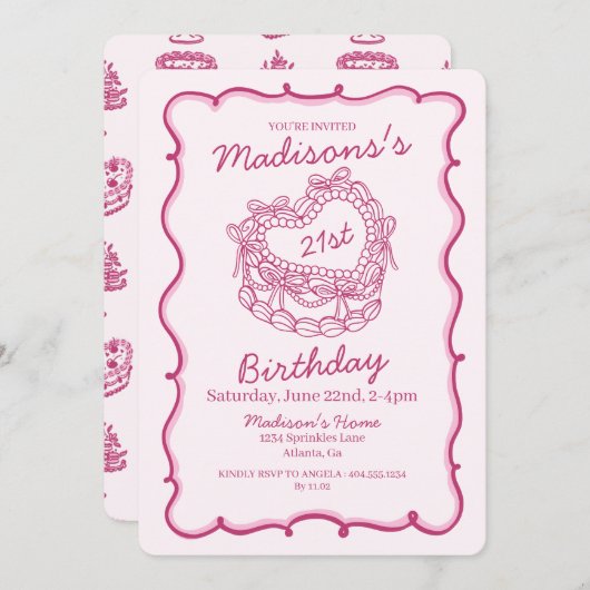 ピンクボウレトロハートコケットケーキ21歳の誕生日 招待状 (正面/裏面)