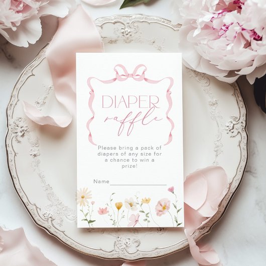 ピンクボウワイルドフラワーおむつラッフルチケット エンクロージャーカード