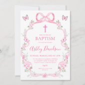 ピンクボウワイルドフラワーバタフライバプテスマ《キリスト教》洗礼式や命名式 招待状 (正面)