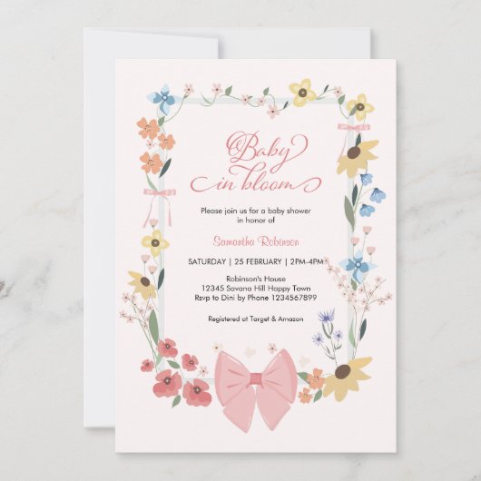 ピンクボウワイルドフラワーベビーイン開花ベビーシャワー 招待状 (正面)