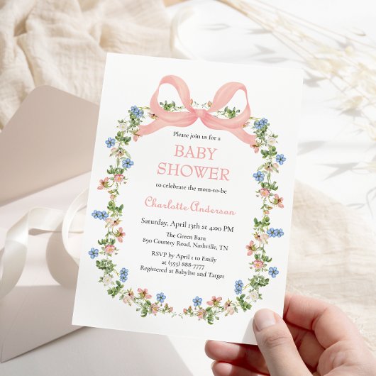 ピンクボウワイルドフラワーベビーガールベビーシャワー 招待状