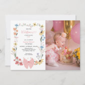 ピンクボウワイルドフラワー1stバースデーフォト 招待状 (正面)