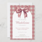 ピンクボウヴィンテージジンガムガールファースト誕生日 招待状 (正面)