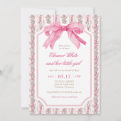 ピンクボウヴィンテージベビーガールベビーシャワー 招待状 (正面)