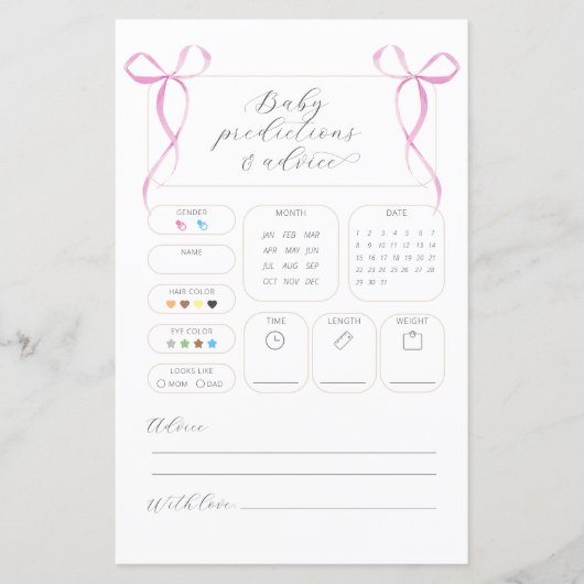 ピンクボウ予測&アドバイスベビーシャワーカード (正面)