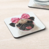 ピンクボウ付きパグ コースター (左側)