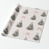 ピンクボウ付きヴィンテージクリスマスツリー ラッピングペーパー (アンロールド)