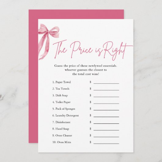 ピンクボウ価格は右ブライダルシャワーゲーム 招待状 (正面/裏面)