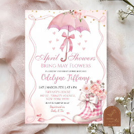 ピンクボウ傘ブーツ4月シャワー赤ちゃん女の子 招待状