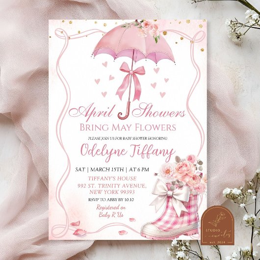 ピンクボウ傘ブーツ4月シャワー赤ちゃん女の子 招待状