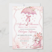 ピンクボウ傘ブーツ4月シャワー赤ちゃん女の子 招待状 (正面)
