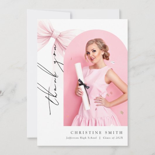 ピンクボウ写真卒業アーチサンキューカード サンキューカード (正面)