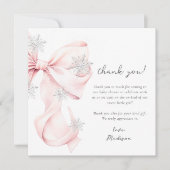 ピンクボウ冬のスノーフレーク赤ちゃんシャワー サンキューカード (正面)