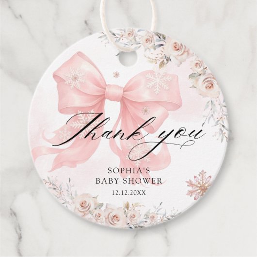 ピンクボウ冬の女の子ベビーシャワーありがとう フェイバータグ (正面)