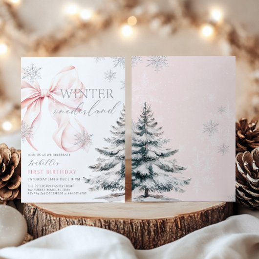 ピンクボウ冬オンラダーランドガール1st誕生日 招待状