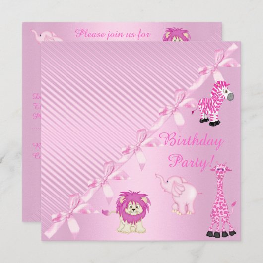 ピンクボウ動物園の動物の誕生日パーティーへの招待 招待状 (正面/裏面)