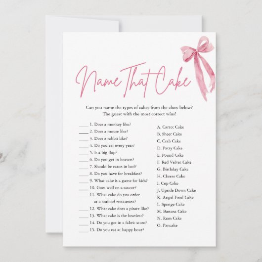 ピンクボウ名ザケーキブライダルシャワーゲーム 招待状 (正面)