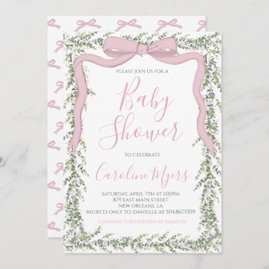 ピンクボウ名門私立校風のリボン女の子ベビーシャワー 招待状 (正面/裏面)